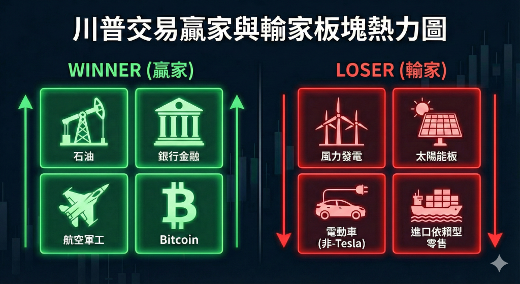 川普交易贏家與輸家板塊熱力圖 紅綠色塊顯示川普政策下的受惠股如能源、銀行、加密貨幣為綠色,綠能與進口依賴型零售股為紅色。