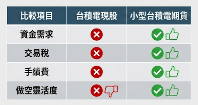 小型台積電期貨優勢比較表：詳細列出交易稅、手續費成本差異，以及做空靈活度的勝負對比。