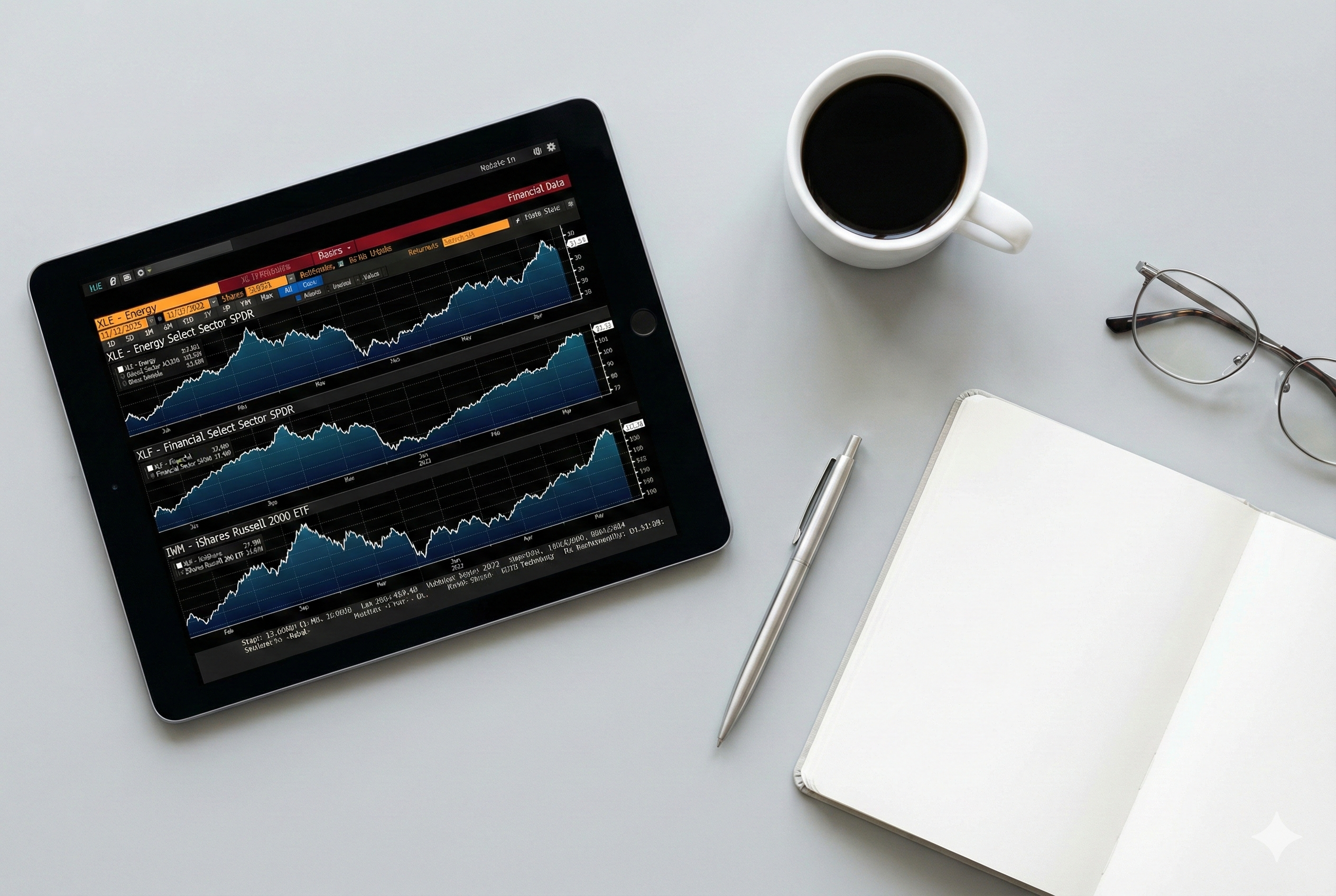 美股 ETF 市場分析工具：平板電腦顯示金融數據