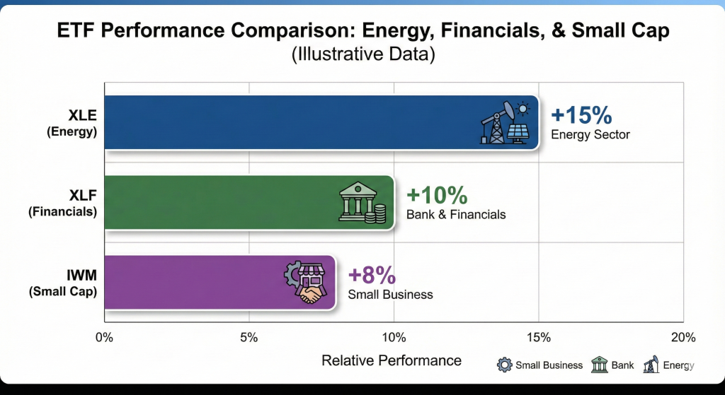 美股三大板塊 ETF 比較：能源、金融與小型股指數